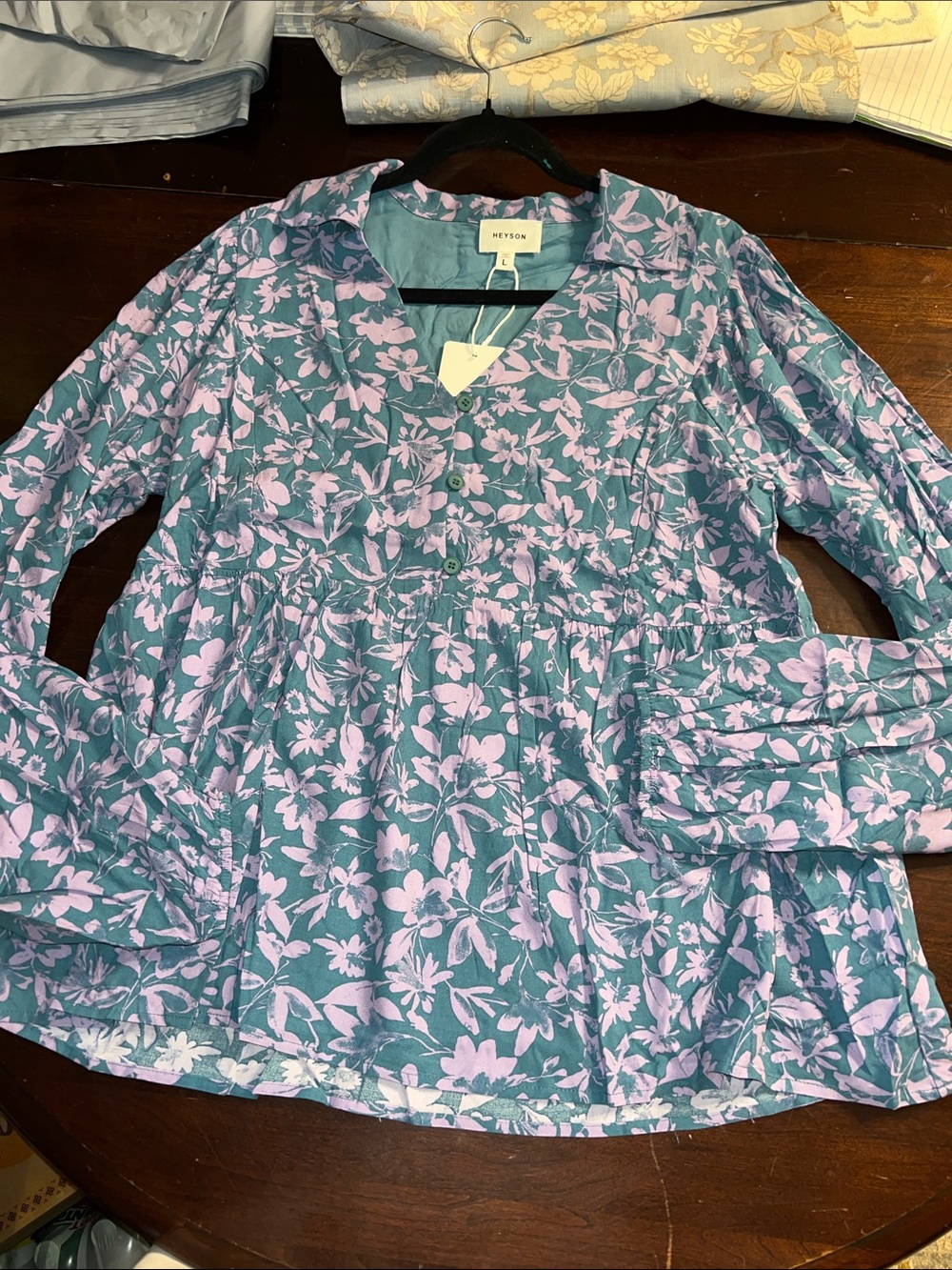 Weyson Floral Peplum Button-Front Blouse in Teal and Lavender